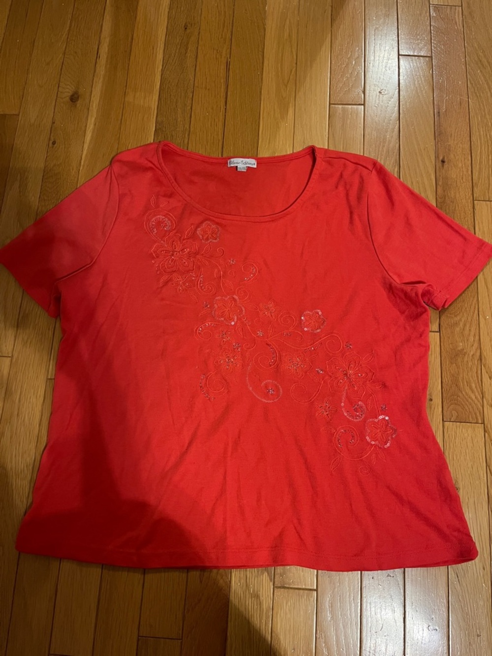Coral orange floral embroidered short sleeve top